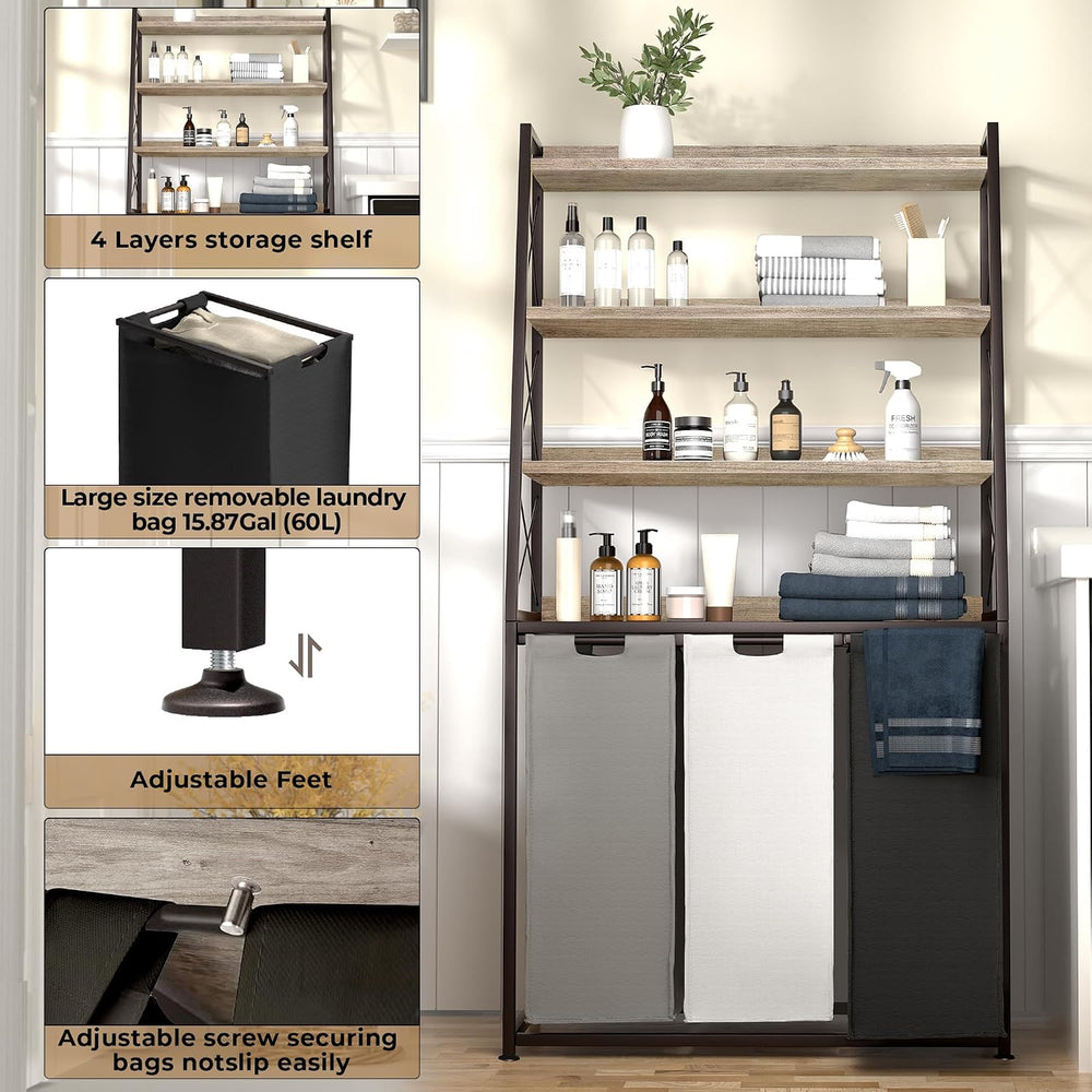 Herture Laundry Basket, 3 Section Laundry Hamper with 4 Tiers Shelf, Pull-Out...
