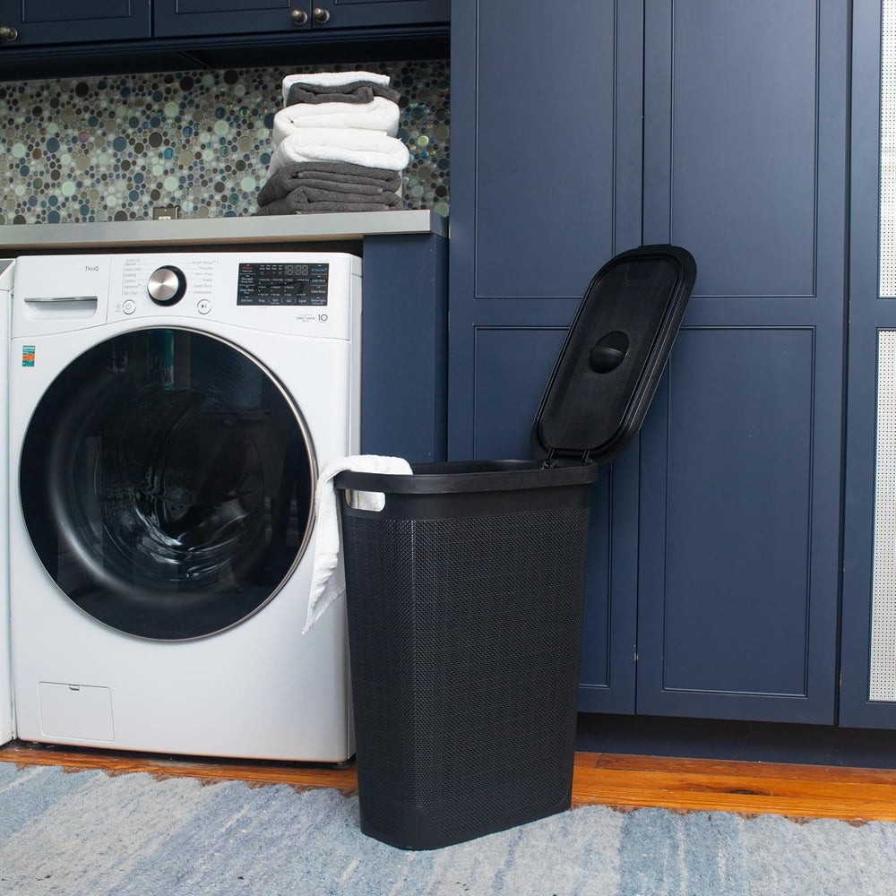 Mind Reader Slim Laundry Hamper with Lid, 40L Clothes Basket, Linen Design, P...