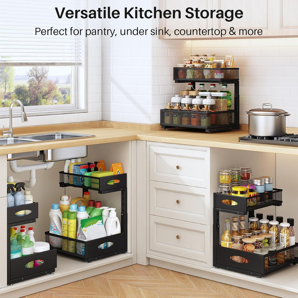 Under Sink Organizer, 2 Pack 2 Tier Pull Out Under Cabinet Organizer Shelf wi...