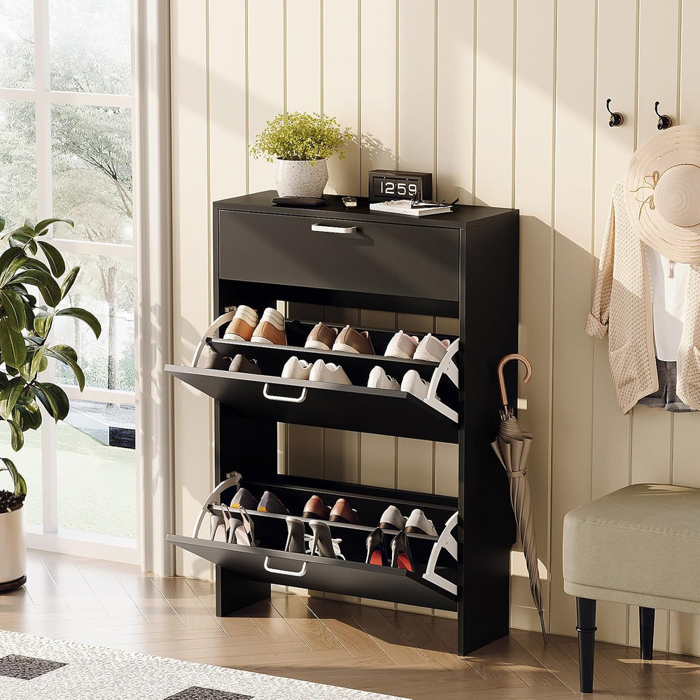 VINGLI Shoe Cabinet Storage for Entryway,Black Small Narrow Shoe Rack,25" W