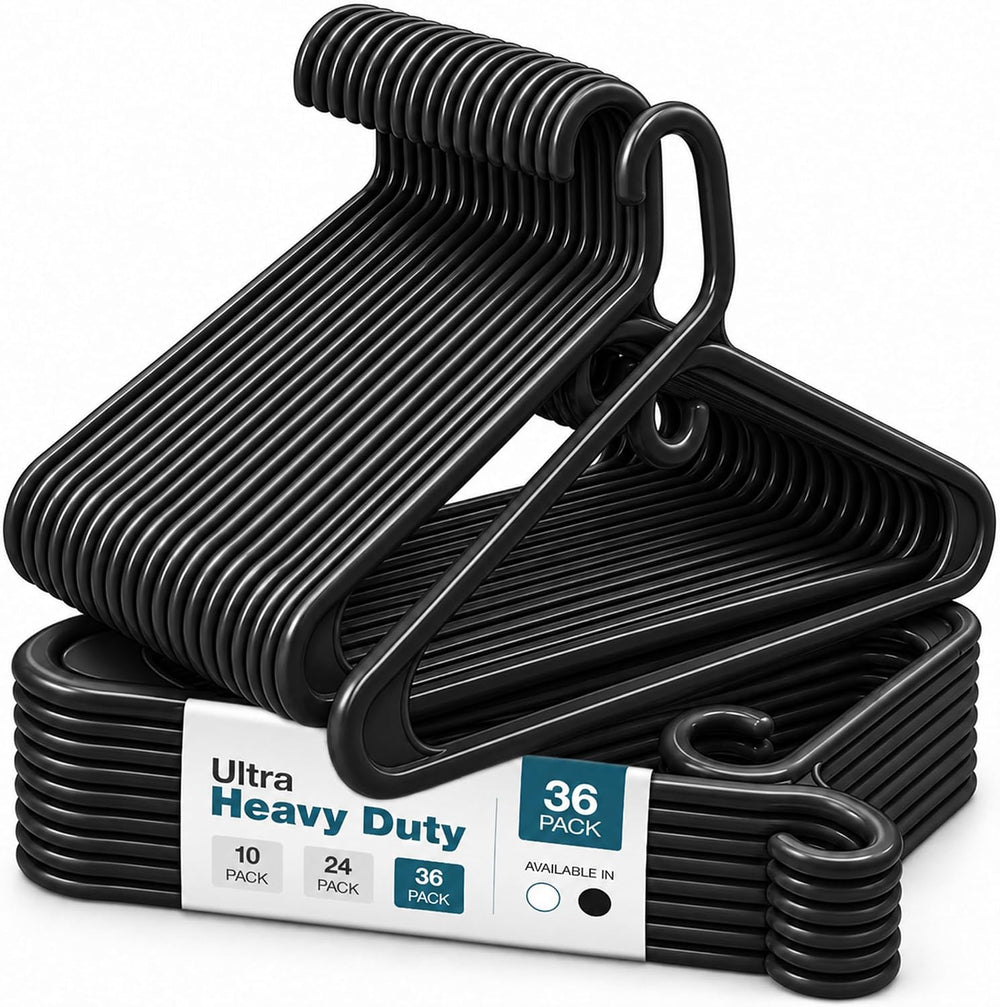Heavy Duty Clothes Hangers, 36 Pack - Space Saving, Ultra Strong Black Plasti...