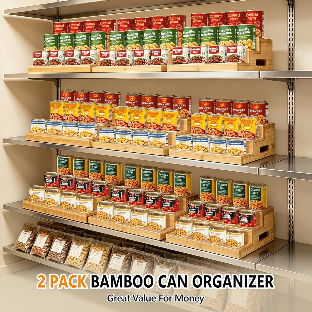 2 Pack 3-Tier Bamboo Expandable Can Rack Organizer for Pantry