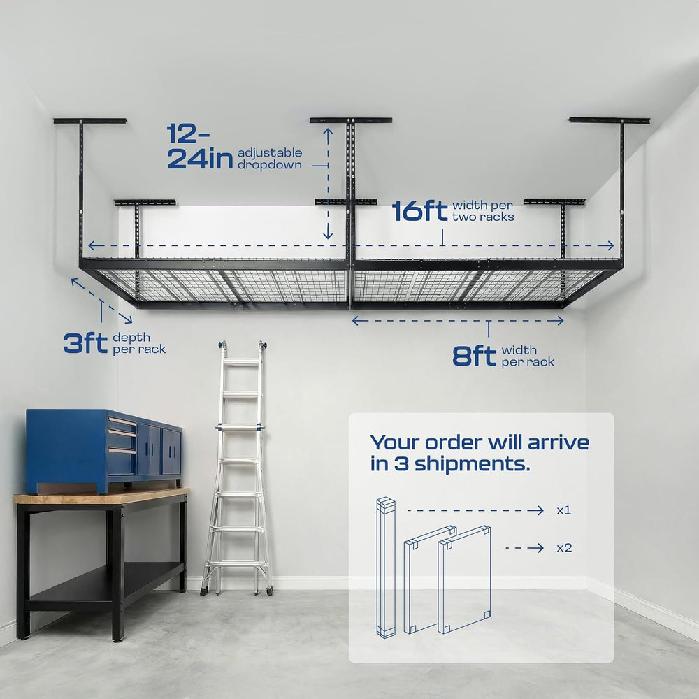 MonsterRAX 2-Pack 3x8 Overhead Garage Storage Rack, Hammertone, 12"-21&q...