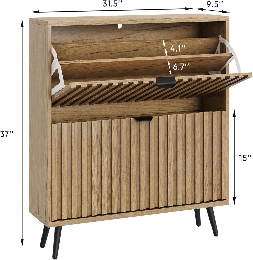 Smuxee Shoe Cabinet with 2 Flip Drawers, 31.5" Natural Hidden Shoe Stora...