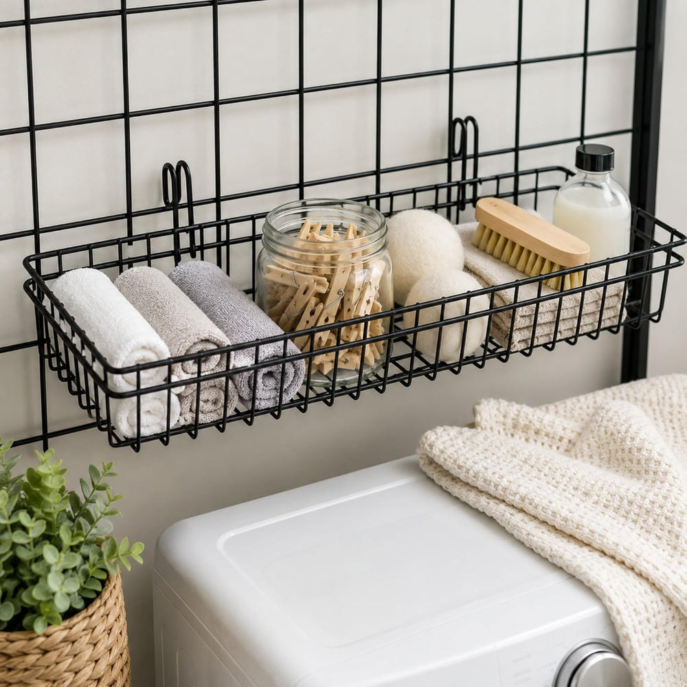 ANZOME Grid Wall Baskets, 4 Pack Black Wire Mesh with Hooks