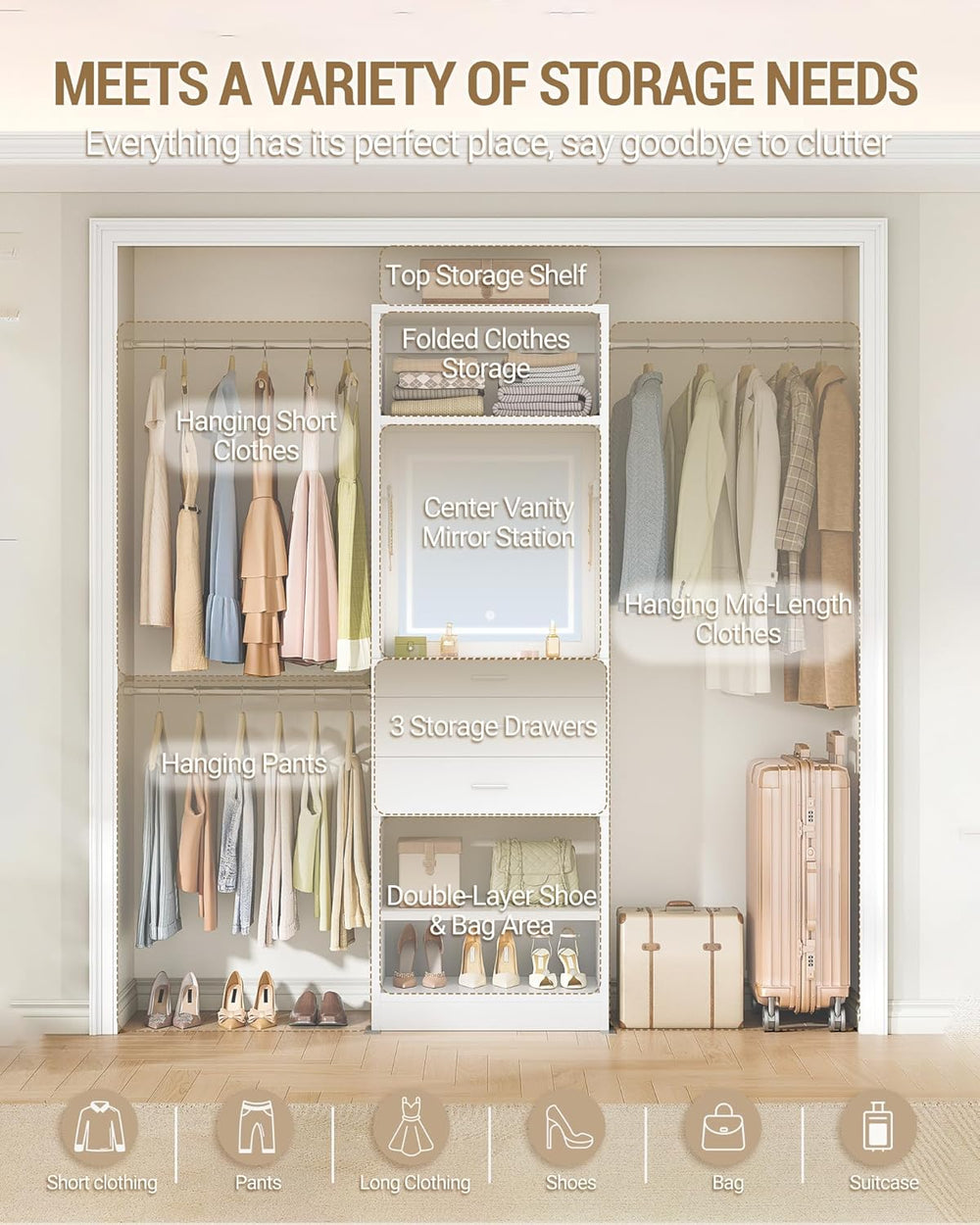 Hzuaneri Closet System Closet Organizer and Storage with 3-Color LED Mirror