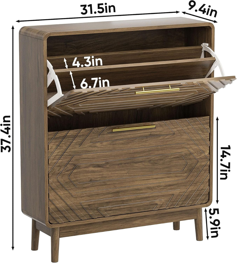 31.5" Walnut Slim Entryway Shoe Cabinet Freestanding Mid-Century Shoe St...
