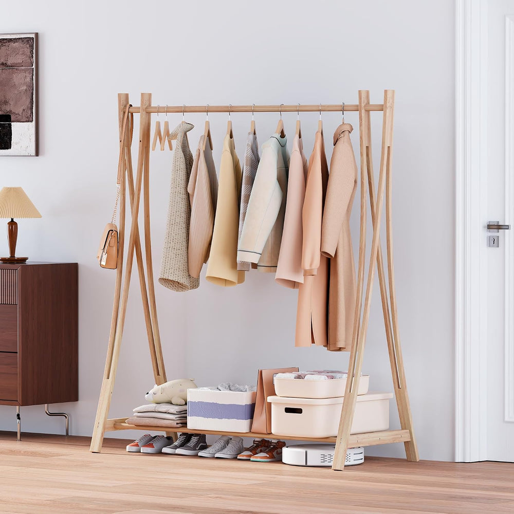 Wooden Retail Display Hanging Clothes Rack with Storage Shelf, 52" W x 5...