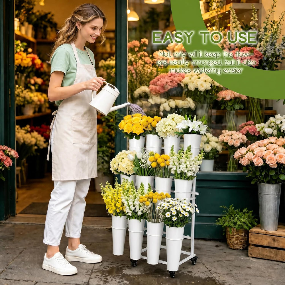 Flower Display Stand With 12 Buckets,3-Tier Flower Bar Stand with Wheels,Flow...