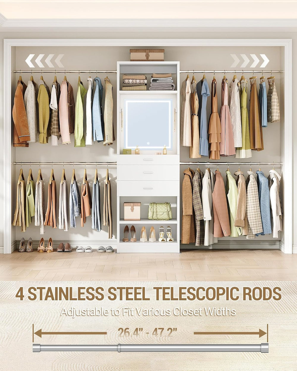 Hzuaneri Closet System Closet Organizer and Storage with 3-Color LED Mirror