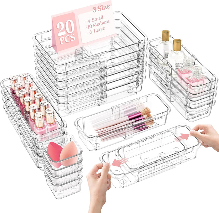 DILIBRA 20Pcs Clear Extendable Drawer Organizer, Adjustable Drawer Storage