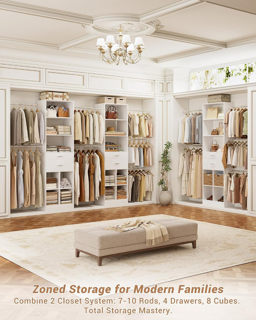 Besiost Small Closet System 3.2-6.8FT Closet Organizer with Wooden Drawers