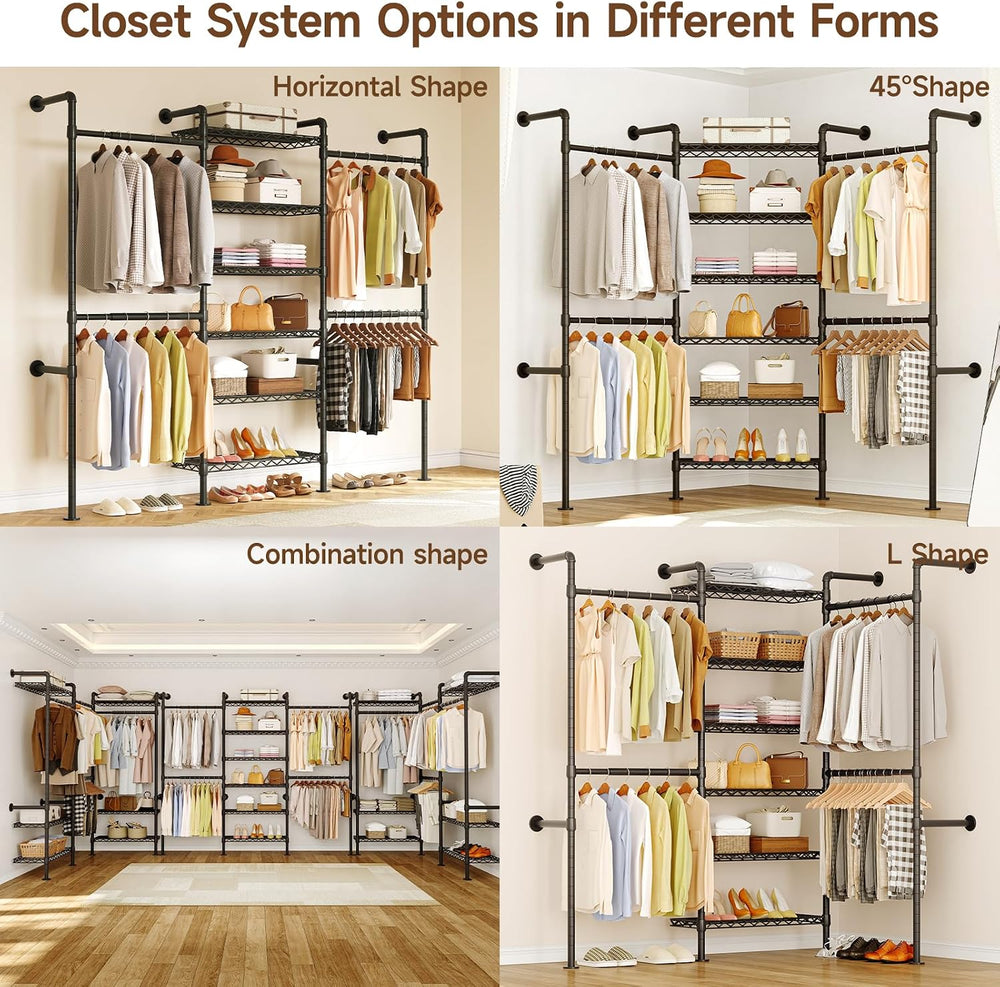 ONBRILL H3 Wall Mounted Closet System, Industrial Pipe Clothing Rack, Black