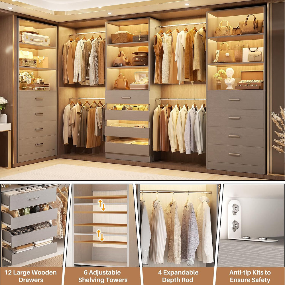 Aheaplus Closet System with 12 Drawers, 8.5-11.5Ft Closet Organizer System