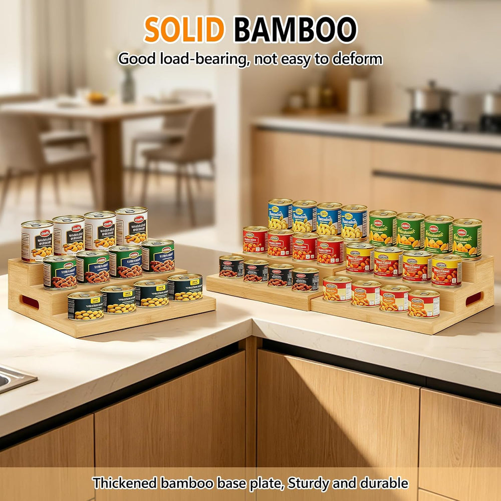 2 Pack 3-Tier Bamboo Expandable Can Rack Organizer for Pantry