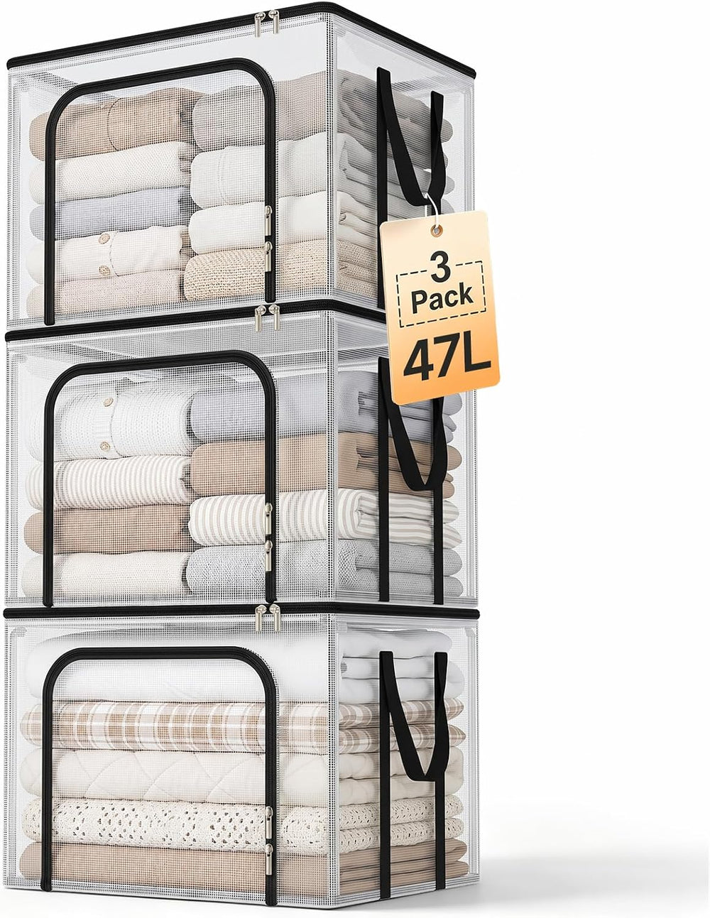 Clear Clothes Storage Bins with Metal Frame, Foldable Storage Boxes,3 Pack