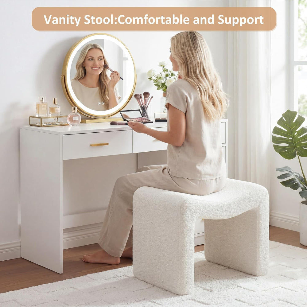 Modern Boucle Ottoman, Vanity Stool Chair, Foot Stool with Wooden Legs Sofa B...