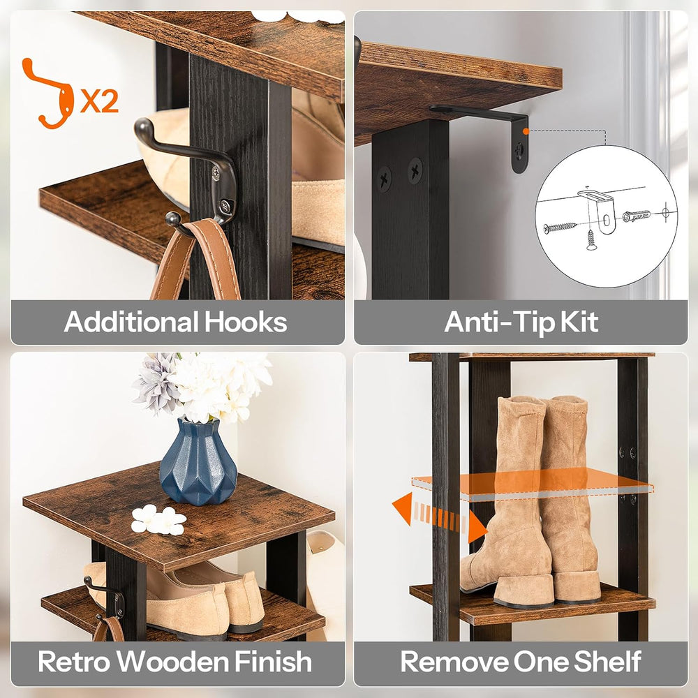 HOOBRO 8 Tiers Vertical Shoe Rack, Wooden Shoe Storage Organizer with Hooks, ...