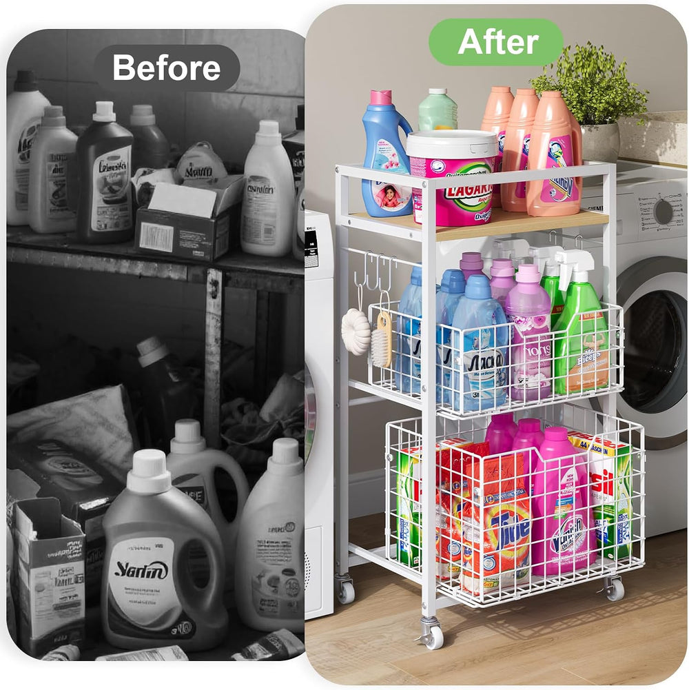 Hongtamoya 3 Tier Laundry Room Cart with Pull-Out Baskets, Storage Cart with ...