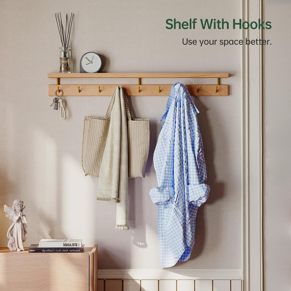 Solid Wood Wall Hooks with Shelf, Coat Rack Wall Mount, Entryway Hanging Shel...