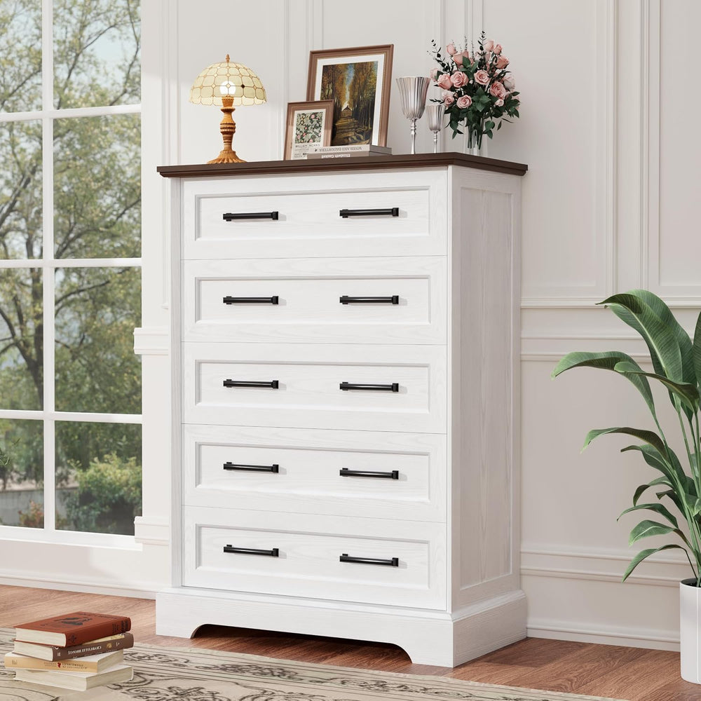YESHOMY Tall Dresser for Bedroom, Farmhouse 5 Drawers Dresser, White&Brown