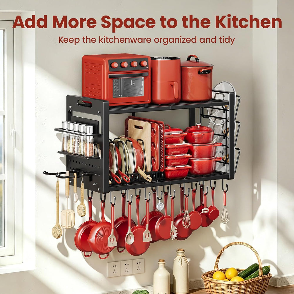 Pot Rack Wall Mount,4 in 1 Hanging Heavy Duty Metal Pan Shelf Organizer with ...