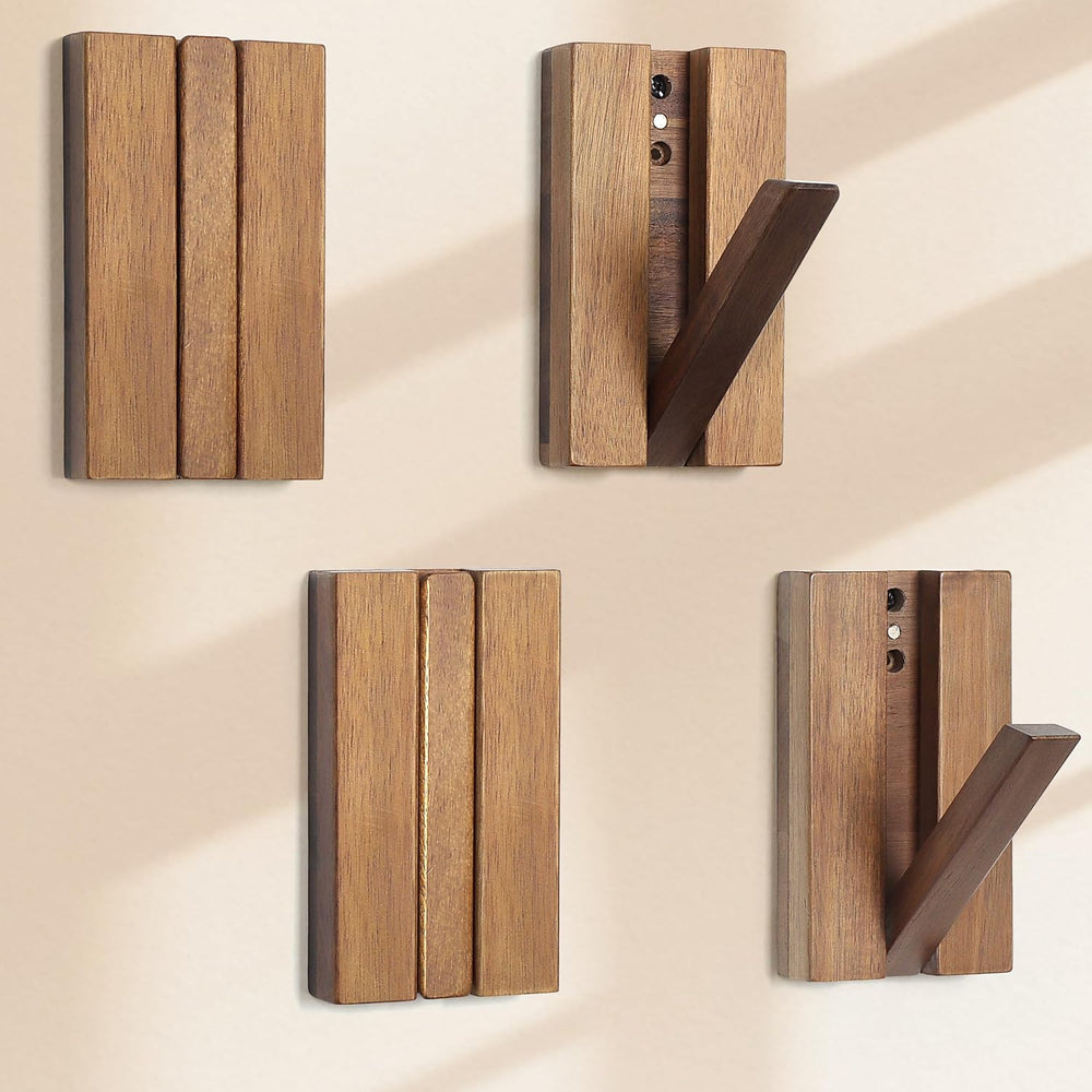 Wood Wall Hooks for Bathroom: 4Pack Foldable Rustic Decor Hangers