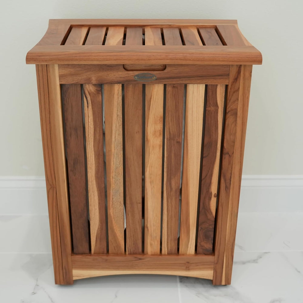EcoDecors 18x12x16" Solid Teak Double Laundry Hamper, Natural