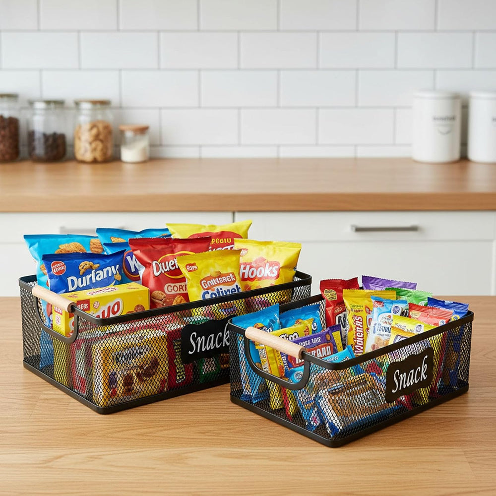 Snack Organizer, 2 Pack Metal Mesh Snack Basket with Wooden Handles, Snack Bi...