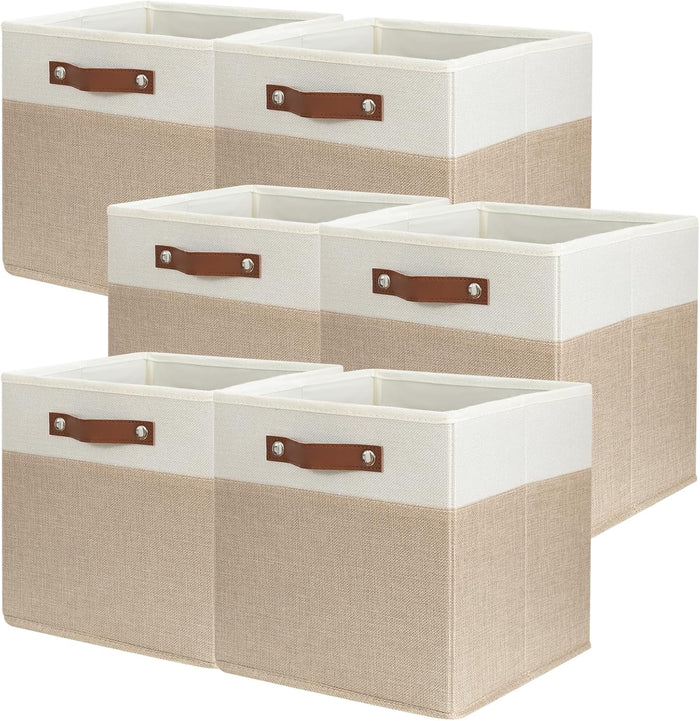 SNWDN 6 Pack Collapsible Fabric Storage Baskets with Handles (White/Beige 11x11x11 Inches)
