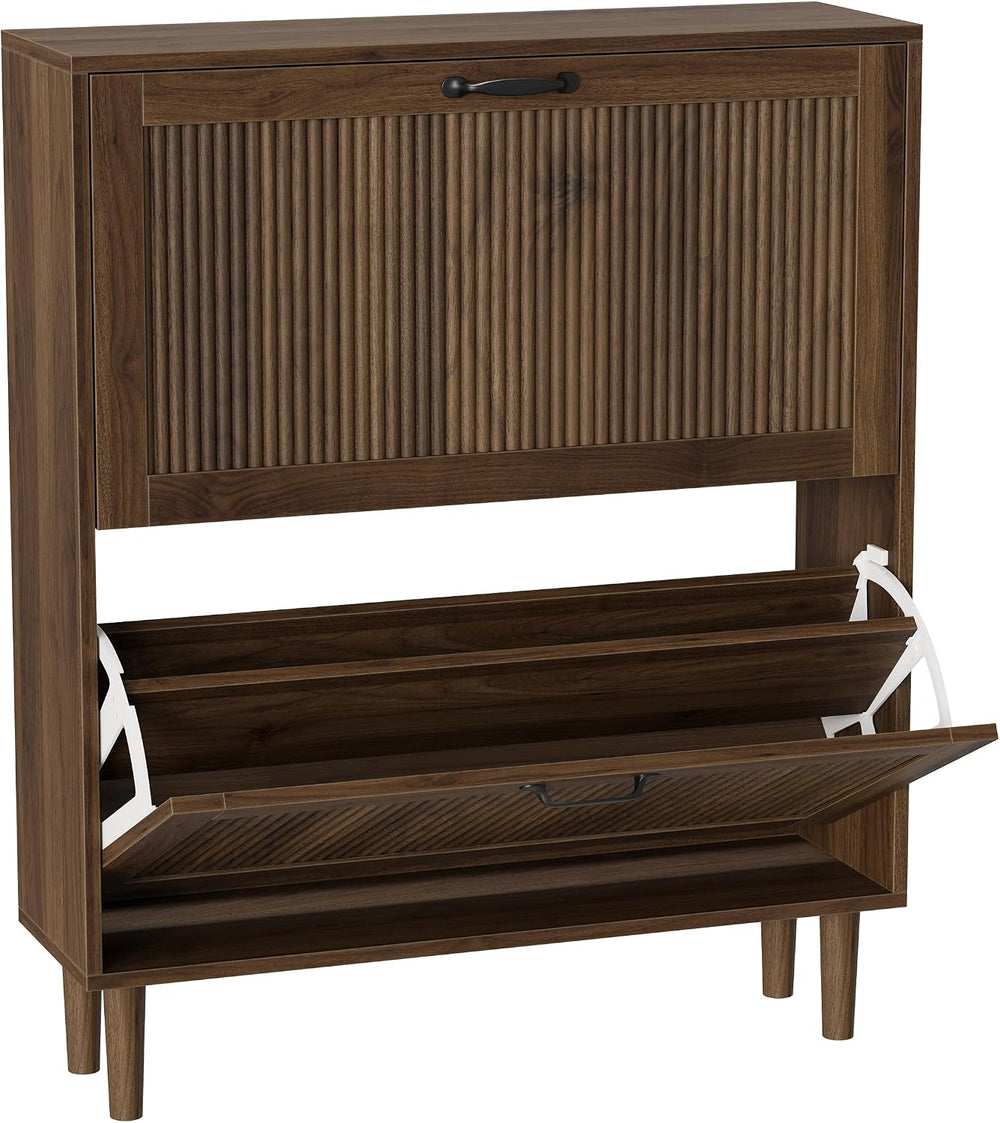 Smuxee Walnut Shoe Cabinet with 2 Flip Drawers, 31.5" Hidden Shoe Storag...