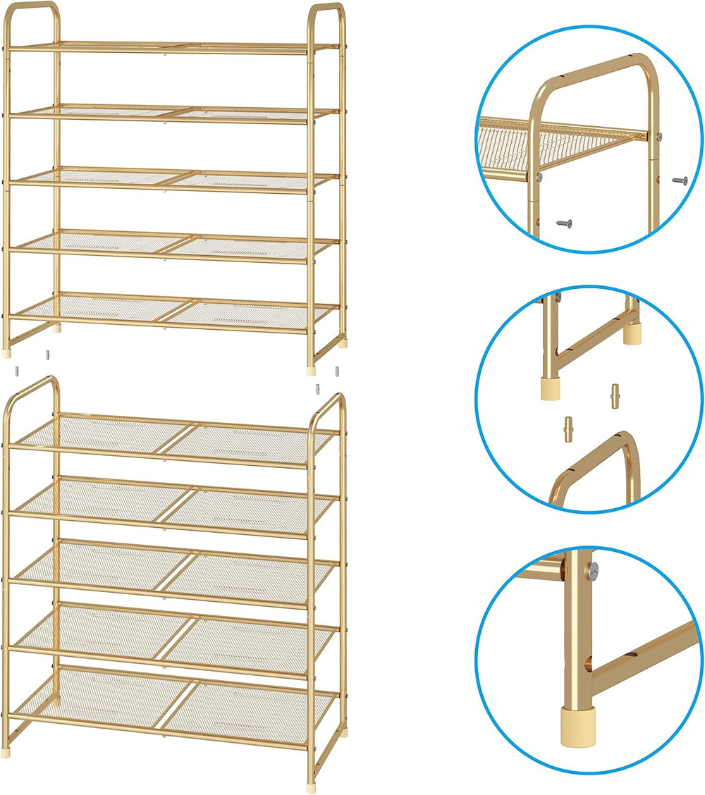 Simple Trending 5-Tier Stackable Shoe Rack, Expandable Shoe Shelf Gold
