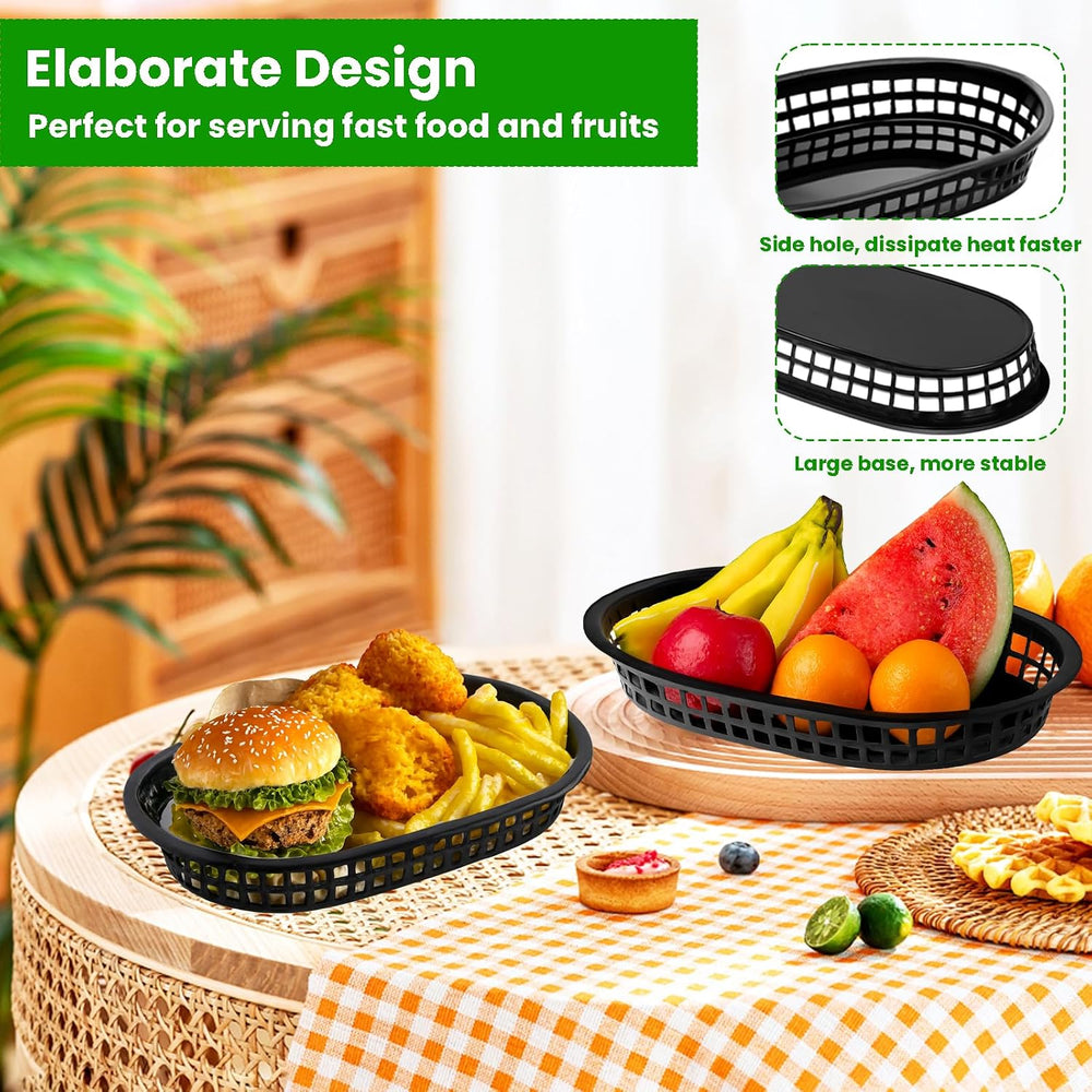 60 Pack Fast Food Baskets, 10.5 x 7 Inch Black Plastic Basket Restaurant Tray...
