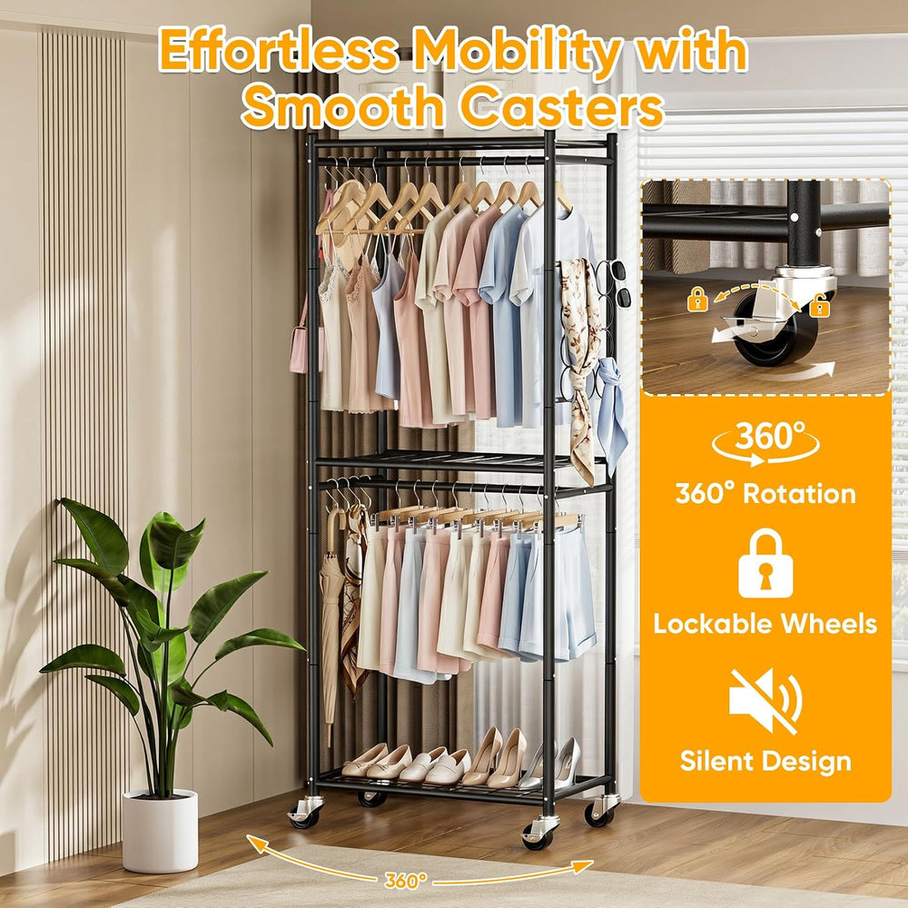 Aduanbang Heavy Duty Rolling Clothes Rack, 3 Tier Wire Shelving, Metal Garmen...