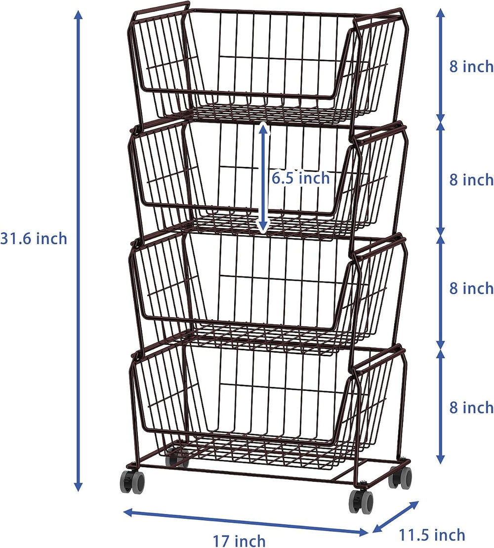 PUSDON 4-Tier Spacious Stackable Wire Storage Baskets with Wheels, Metal Roll...