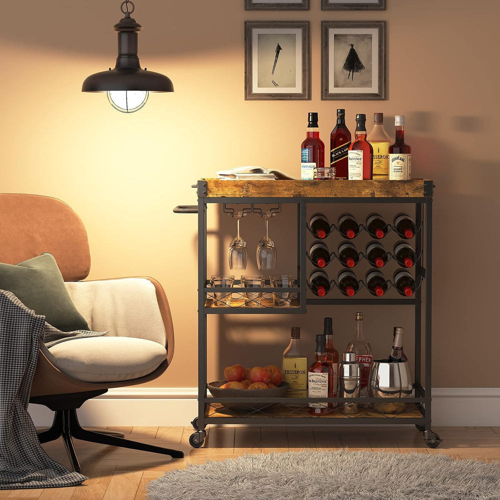 Lifewit 3 Tier Bar Cart with 12 Wine Racks, Serving Trolley, Rustic Brown
