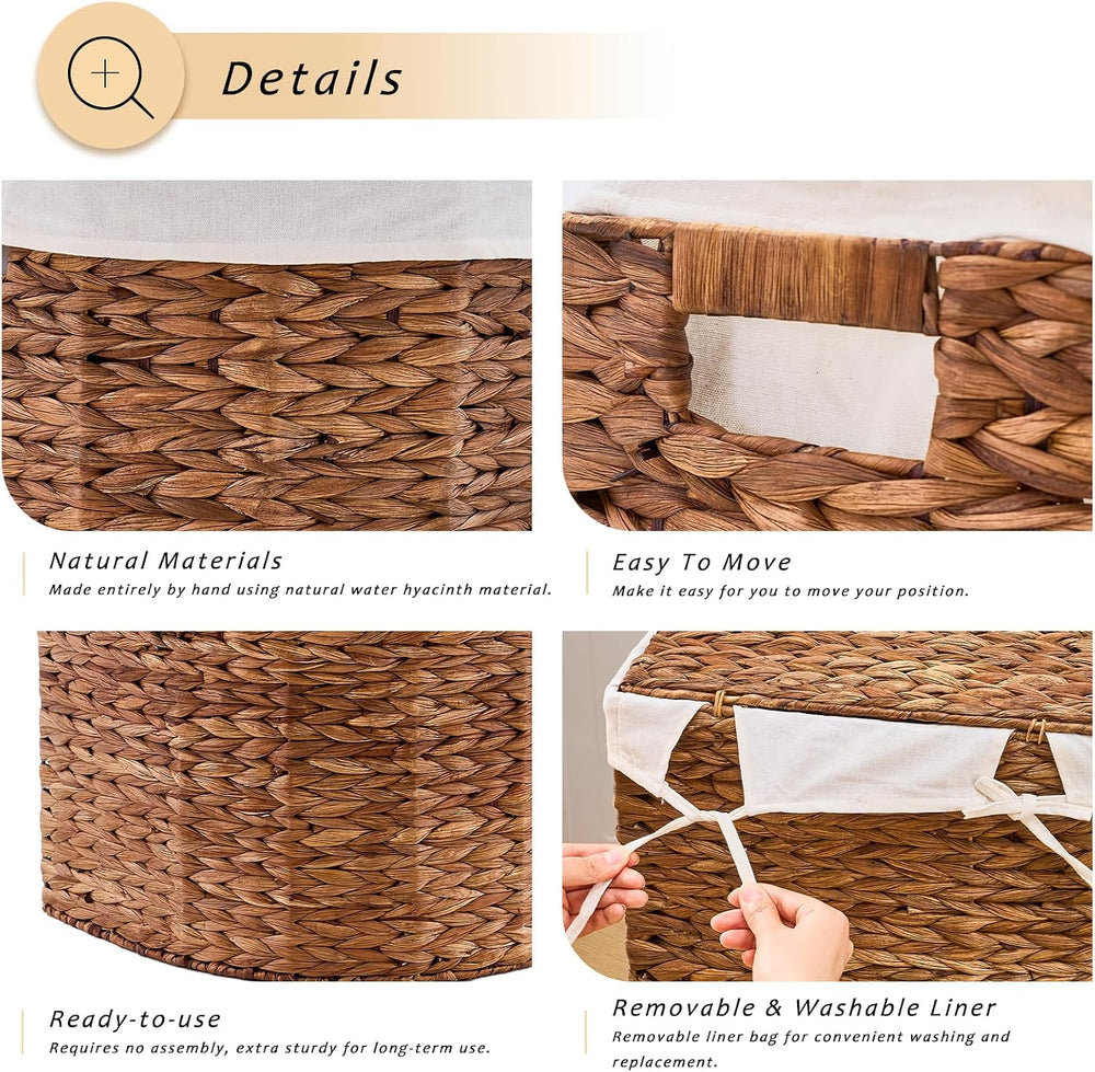 Water Hyacinth Laundry Hamper with lid, Half Moon Shape with 2 Removable Clot...