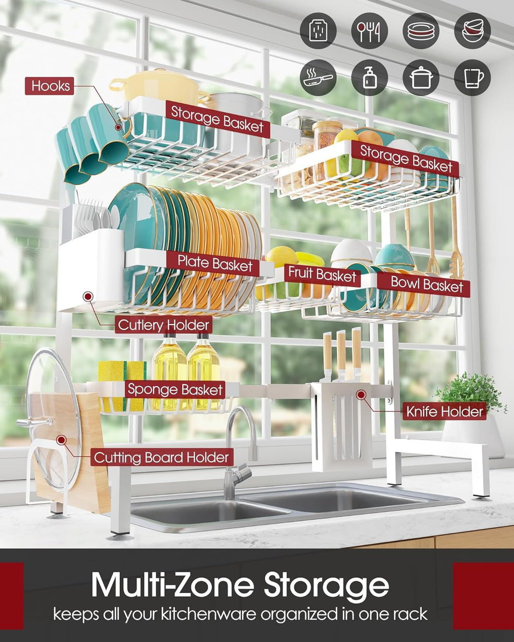 Sakugi Over The Sink Dish Drying Rack - Adjustable 3 Tier XX-Large Capacity S...