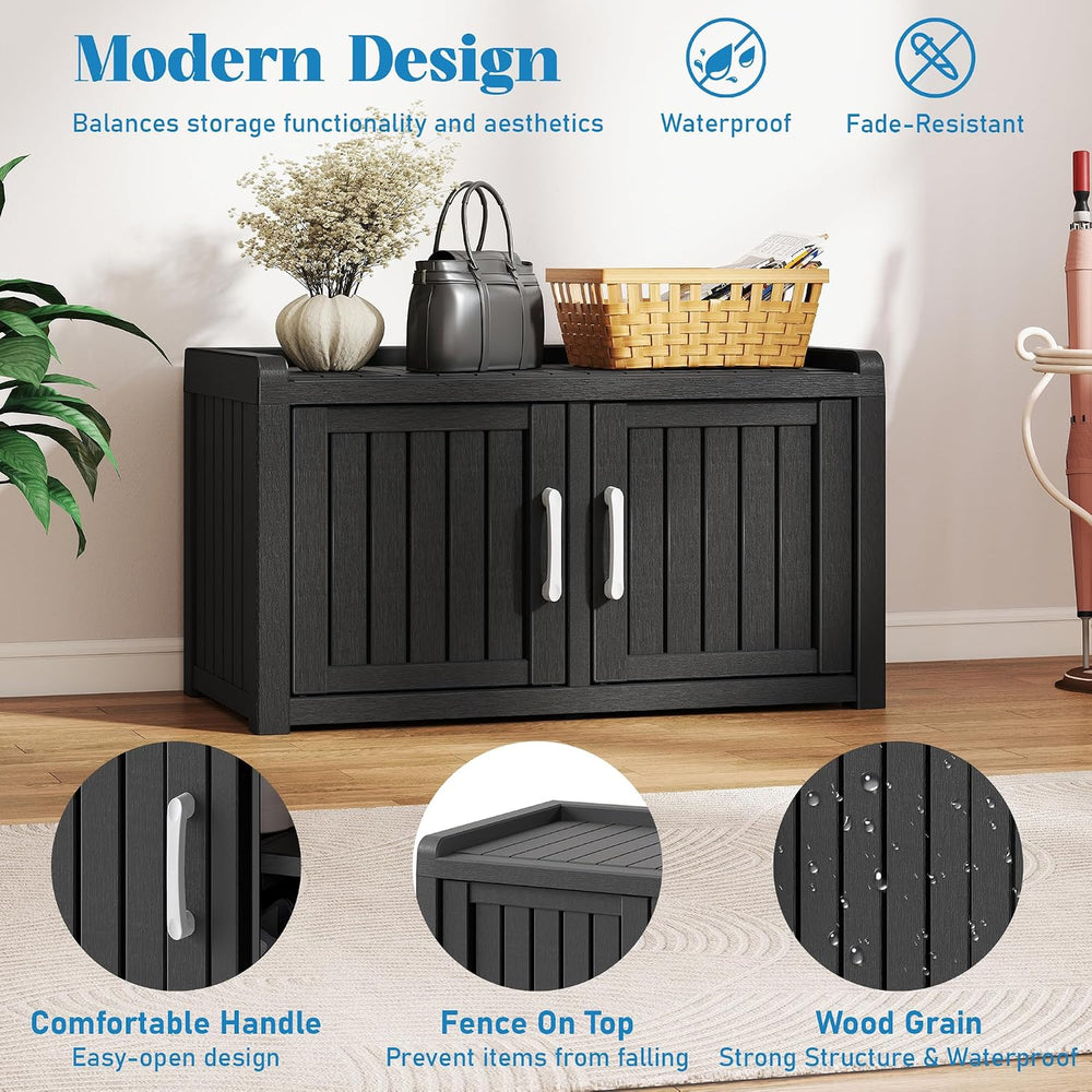 2-Tier Storage Bench, Waterproof UV-Resistant Outdoor Shoe Storage Cabinet wi...