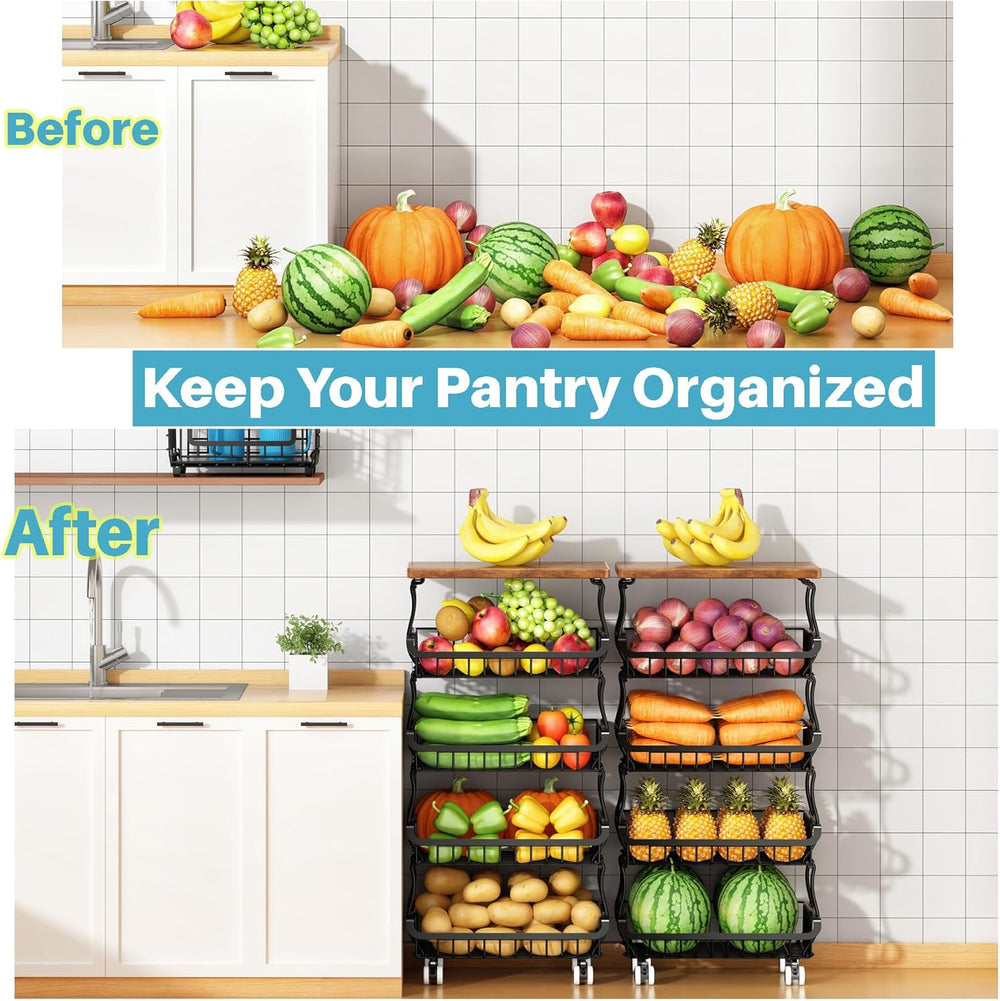 4 Tier Vegetable Fruit Basket for Kitchen, Stackable Metal Fruit and Vegetabl...