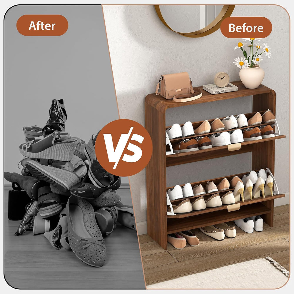 Narrow Shoe Storage Cabinet for Entryway with 2 Flip Drawers, Freestanding Wo...
