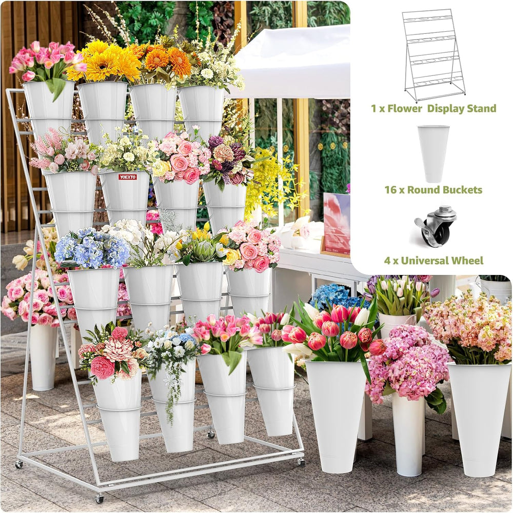 4 Layers Flower Display Stand with Buckets, 16 PCS Buckets Plant Stand with W...