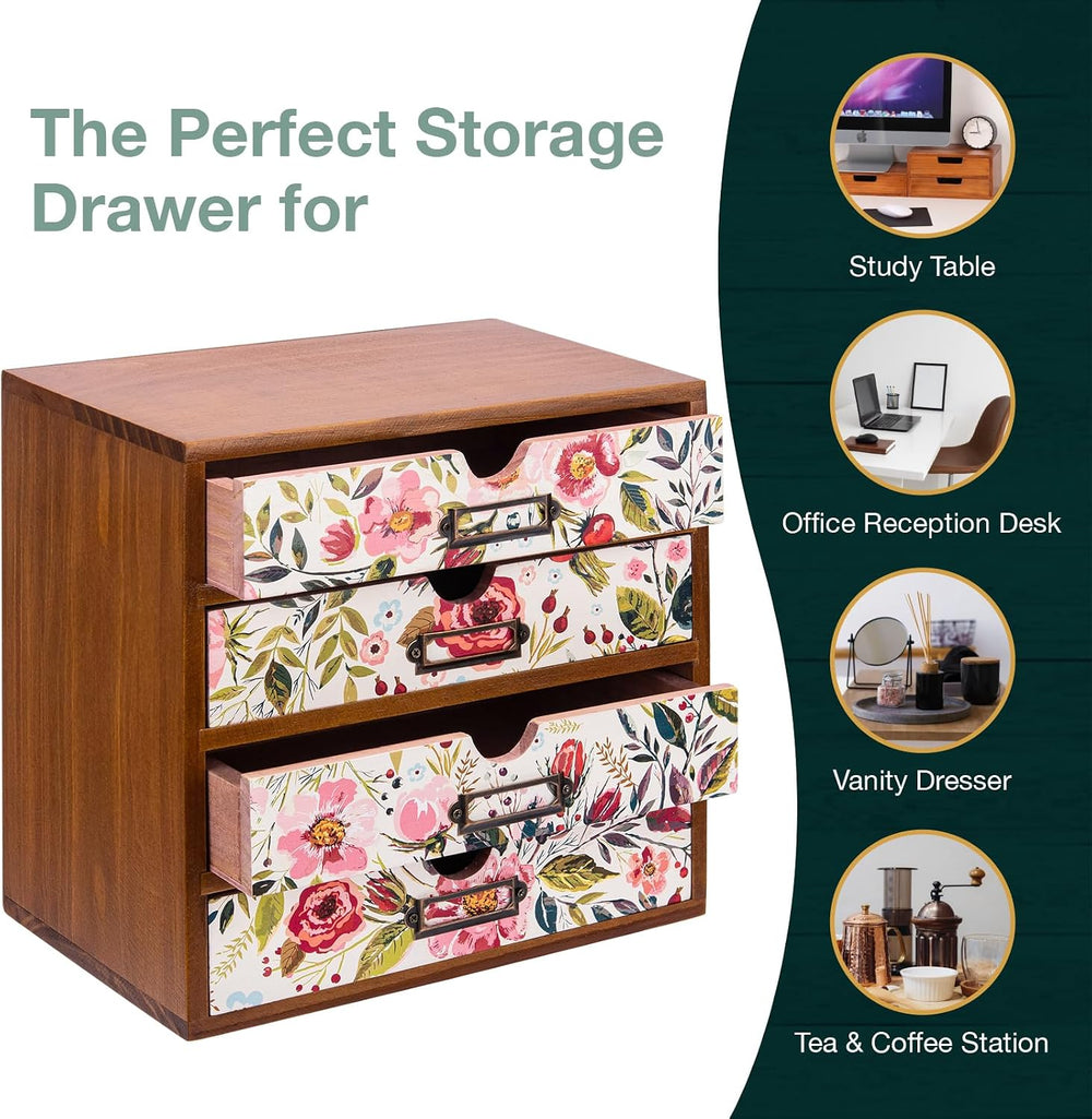 4-Drawer Vintage Desk Wood Storage Box With Drawers in Floral Chintz - Wooden...