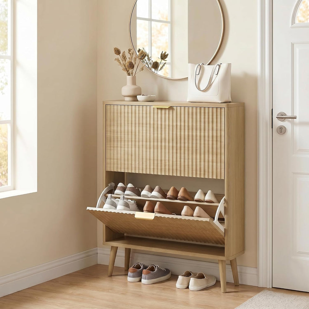 KIGOTY Narrow Shoe Storage Cabinet, Shoe Cabinet with 2 Flip Drawers, Freesta...