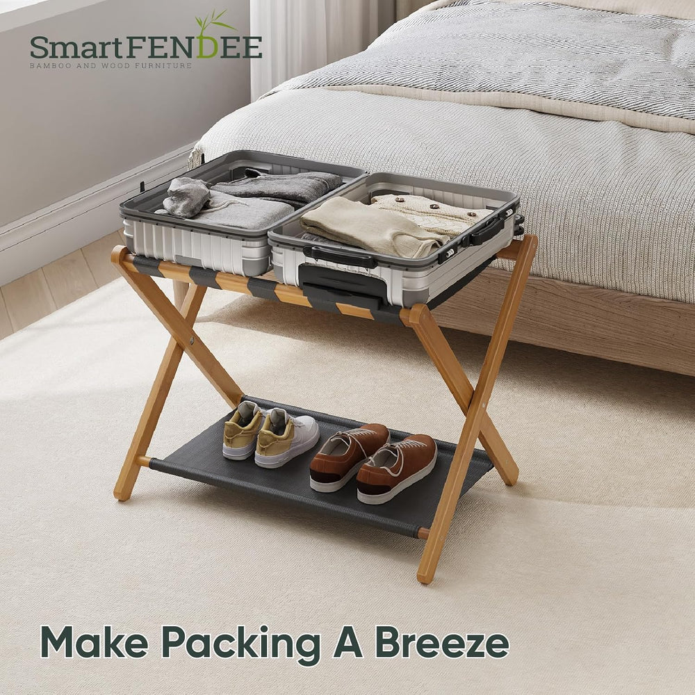 Luggage Rack, Folding Luggage Rack for Guest Room, Walnut Bamboo Suitcase Sta...