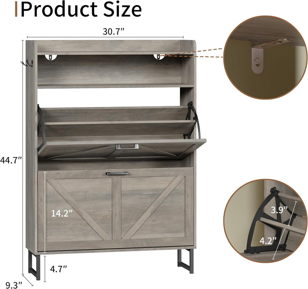 Xixini Shoe Storage Cabinet with 2 Flip Drawers, Entryway Shoe Rack, Grey