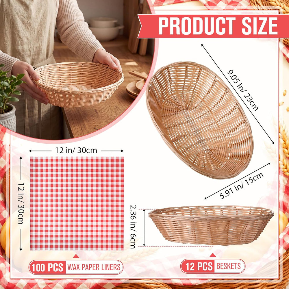 12 Pack Oval Wicker Bread Baskets with 100 Paper Liners, 9 x 5.9 x 2.4 in