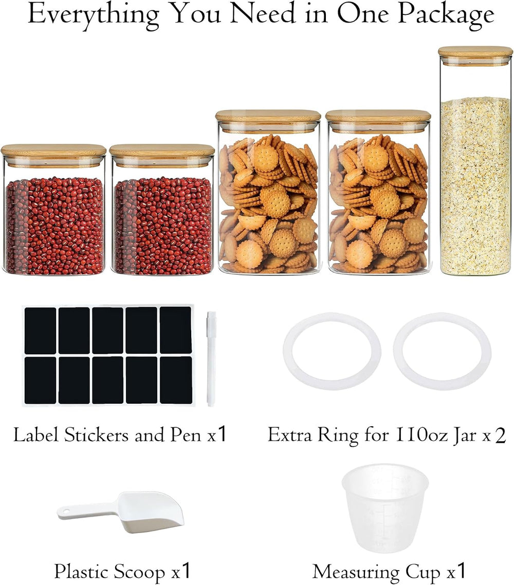 Glass Storage Containers with Airtight Bamboo Lids Muti Size Set of 5,Pantry ...