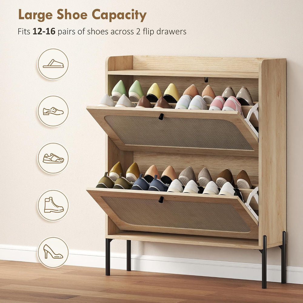 HOMCOM Shoe Cabinet with 2 Flip Drawers and Rattan Doors for Hallway, Oak