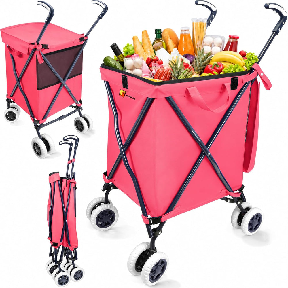 Wellmax Folding Shopping Cart with Canvas Bag & Cover, Holds 120 lb, Pink